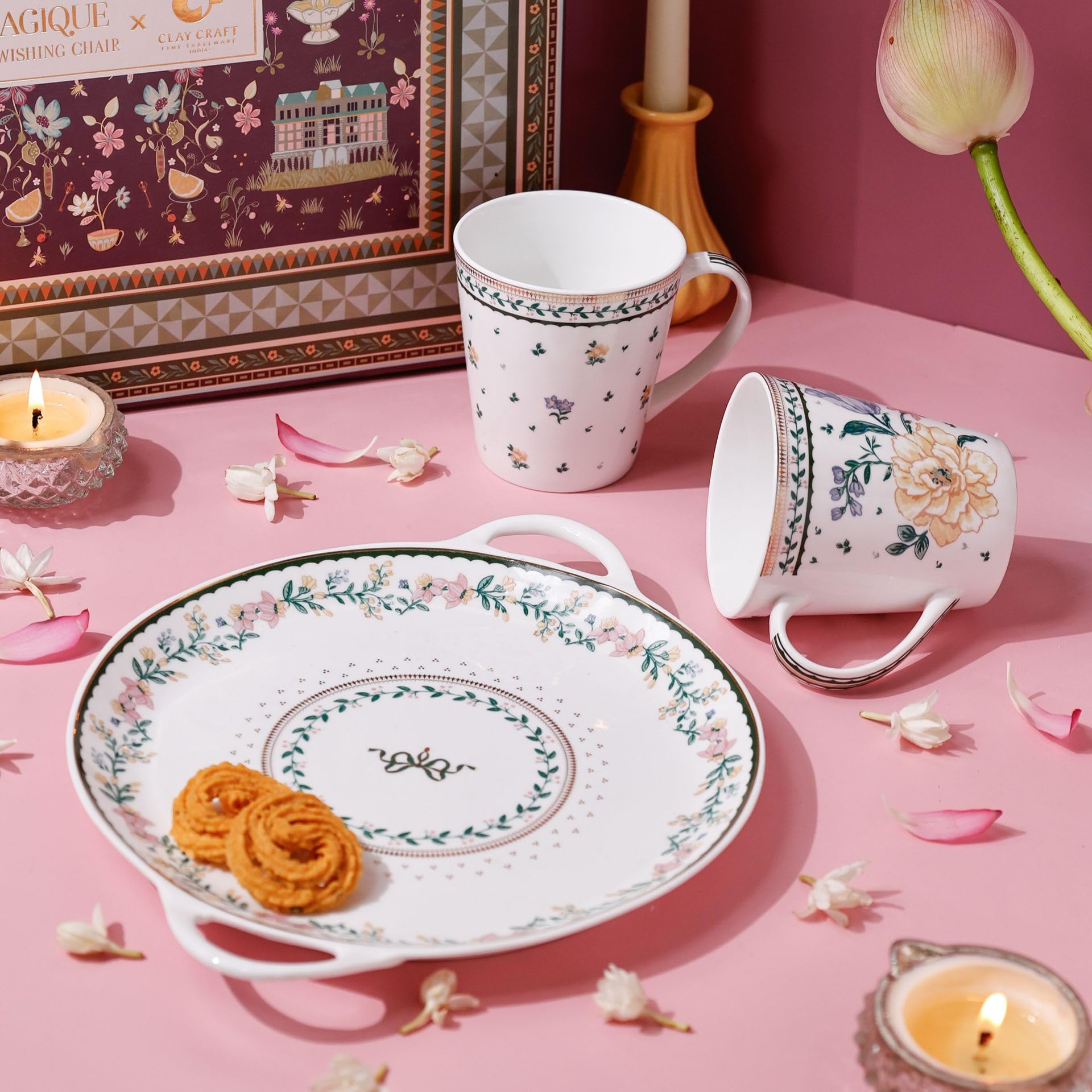 Magique by The Wishing Chair x ClayCraft : Emerald Ribbon - Amber Giftbox | Set of 4 Snack Plates & Serving Platter | Dishwasher Safe | Festive Gifting | GiftBox Packaging