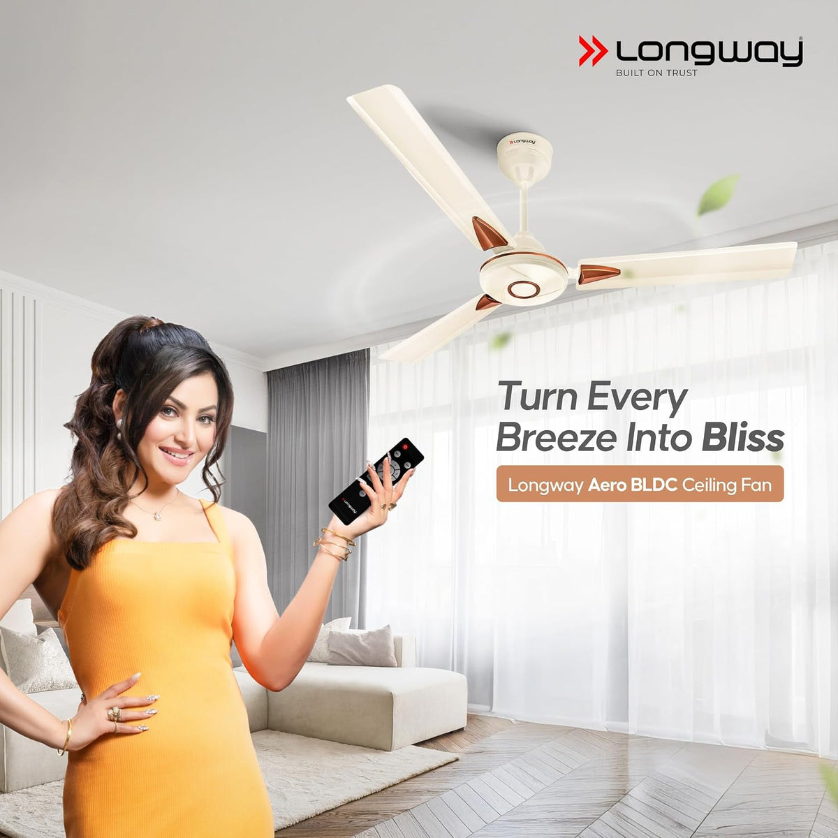 LONGWAY Aero 1200 mm BLDC Ceiling Fan with Remote | BEE 5 Star (Ivory)
