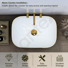 Plantex Ceramic Washbasin for Bathroom/Designer Countertop Basin/Rectangle Tabletop Wash Basin for Home/Office/Hotel (18x13x5 Inch - White & Gold)-5