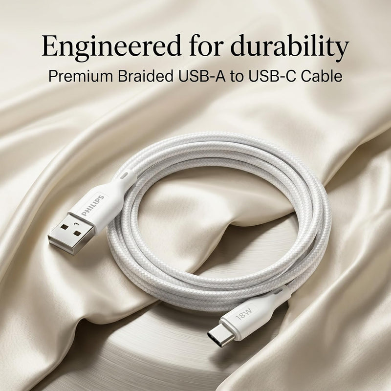 Philips DLC4130AW/94 18W Type-A to Type-C Fast Charging Cable (1m, Bright White)