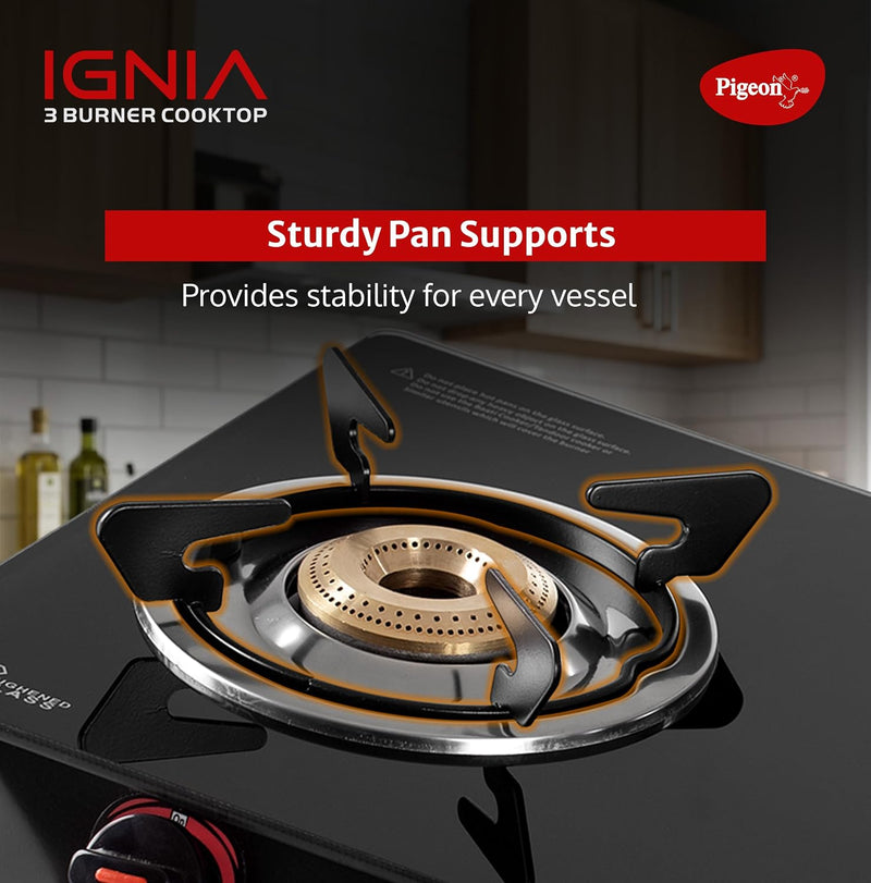 Pigeon Ignia 3 Burner Gas Stove with Open Heating Element, Black, Toughened Glass, Easy Cleaning, 2-Year Warranty