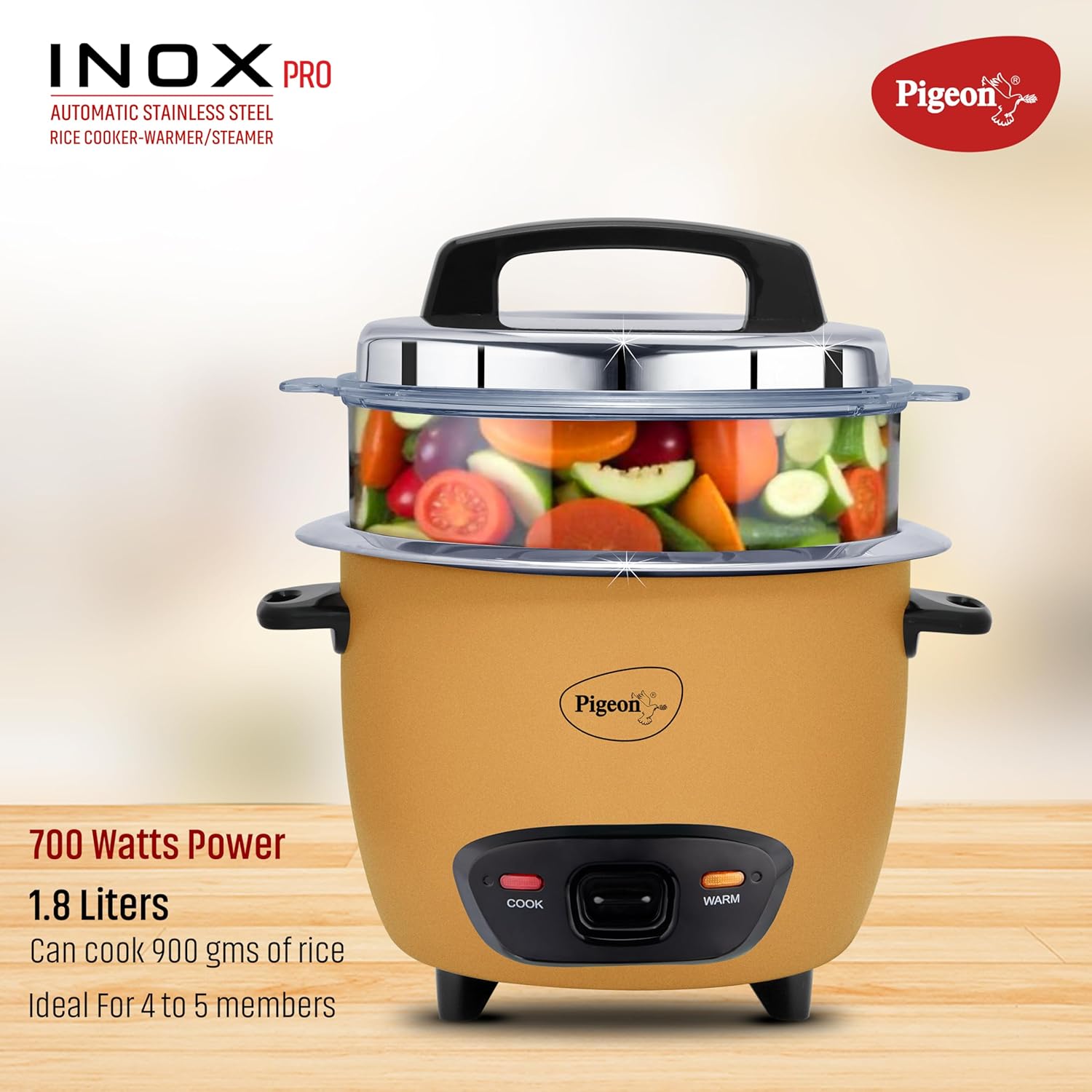 Pigeon Inox Pro Rice Cooker with Steamer, 1.8 litres | Stainless Steel Lid | 700 Watts | 1 Steel Cooking Pot | Measuring Cup | Spatula | Energy Efficient Cooking (Yellow)