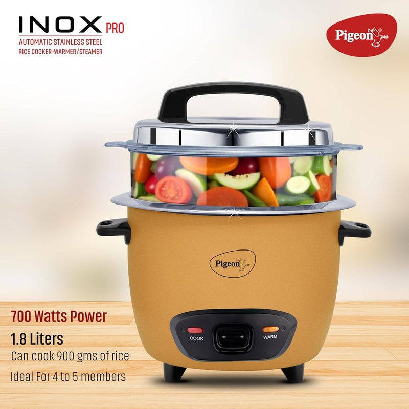 Pigeon Inox Pro Rice Cooker with Steamer, 1.8 litres | Stainless Steel Lid | 700 Watts | 1 Steel Cooking Pot | Measuring Cup | Spatula | Energy Efficient Cooking (Yellow)