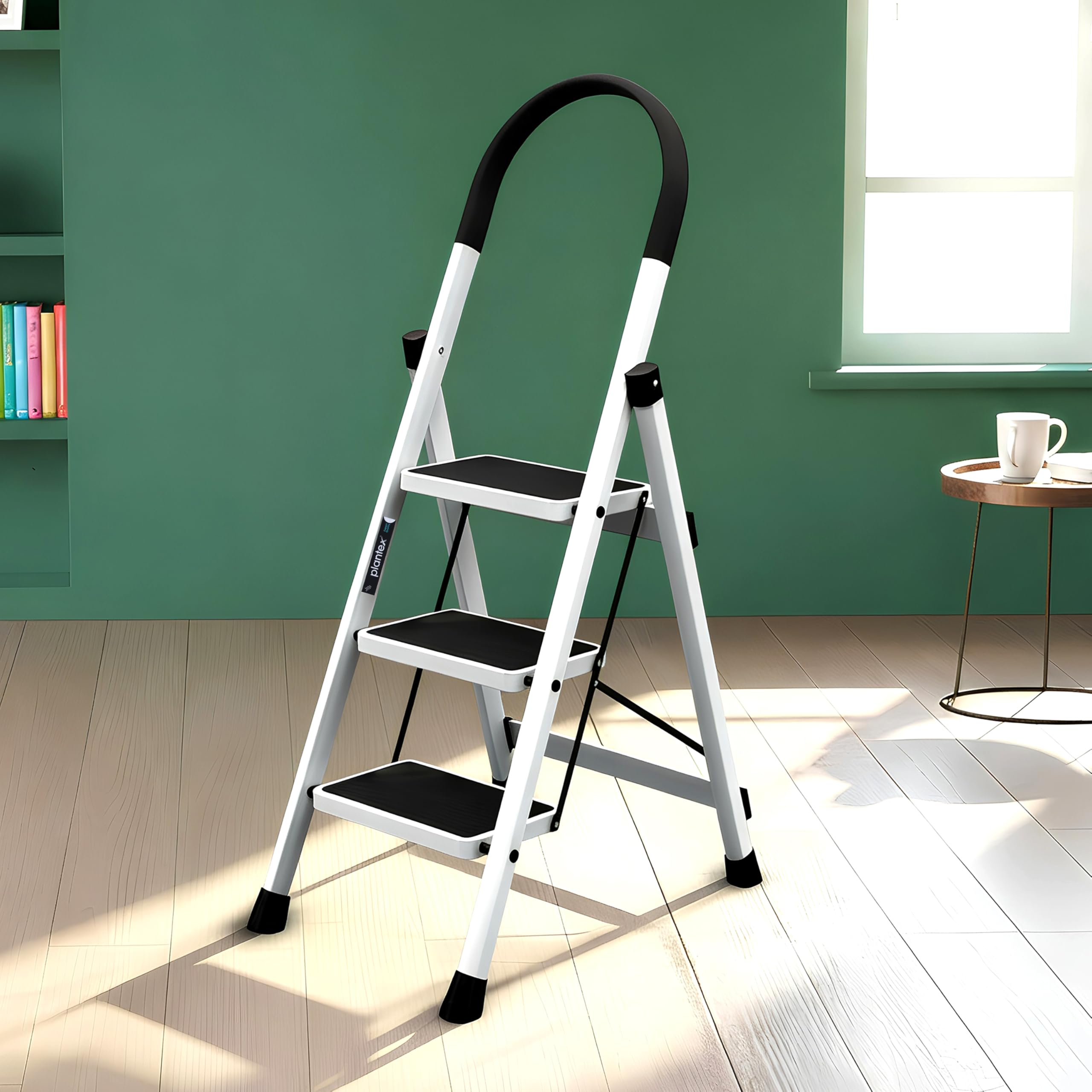 Plantex Ladder for Home 5 Steps/Foldable Ladder with Anti-Skid Wide Steps (30L x 20W cm)/Strong D-Shape Pipe with X-Support for More Stability/5 Year Warranty(Apex-White)