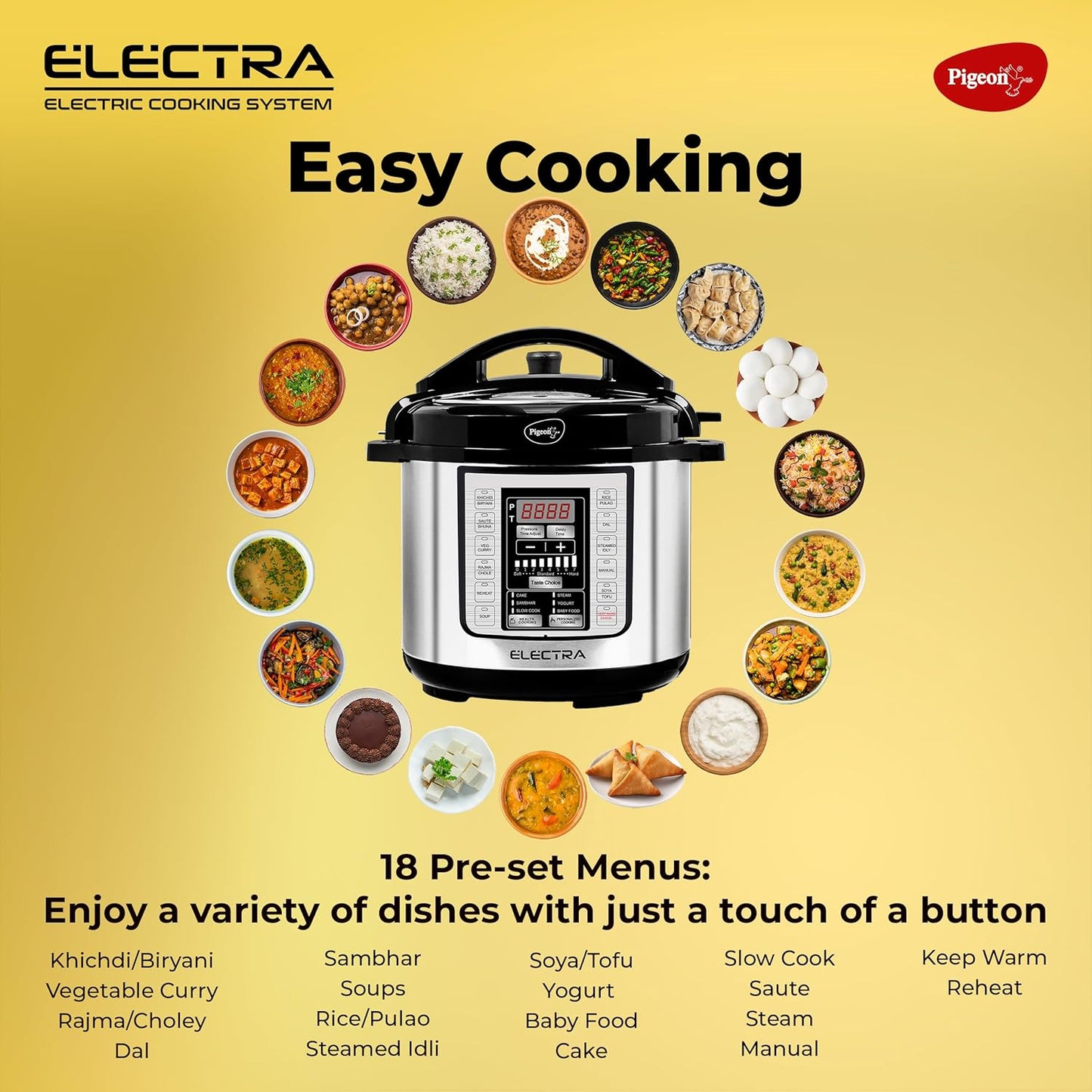 Pigeon By Stovekraft Electra Smart 6 Litre Electric Pressure Cooker with Digital Display | 18 Indian Preset Menu | Automatic Rice Cooker | Delay Timer & More (Stainless Steel)