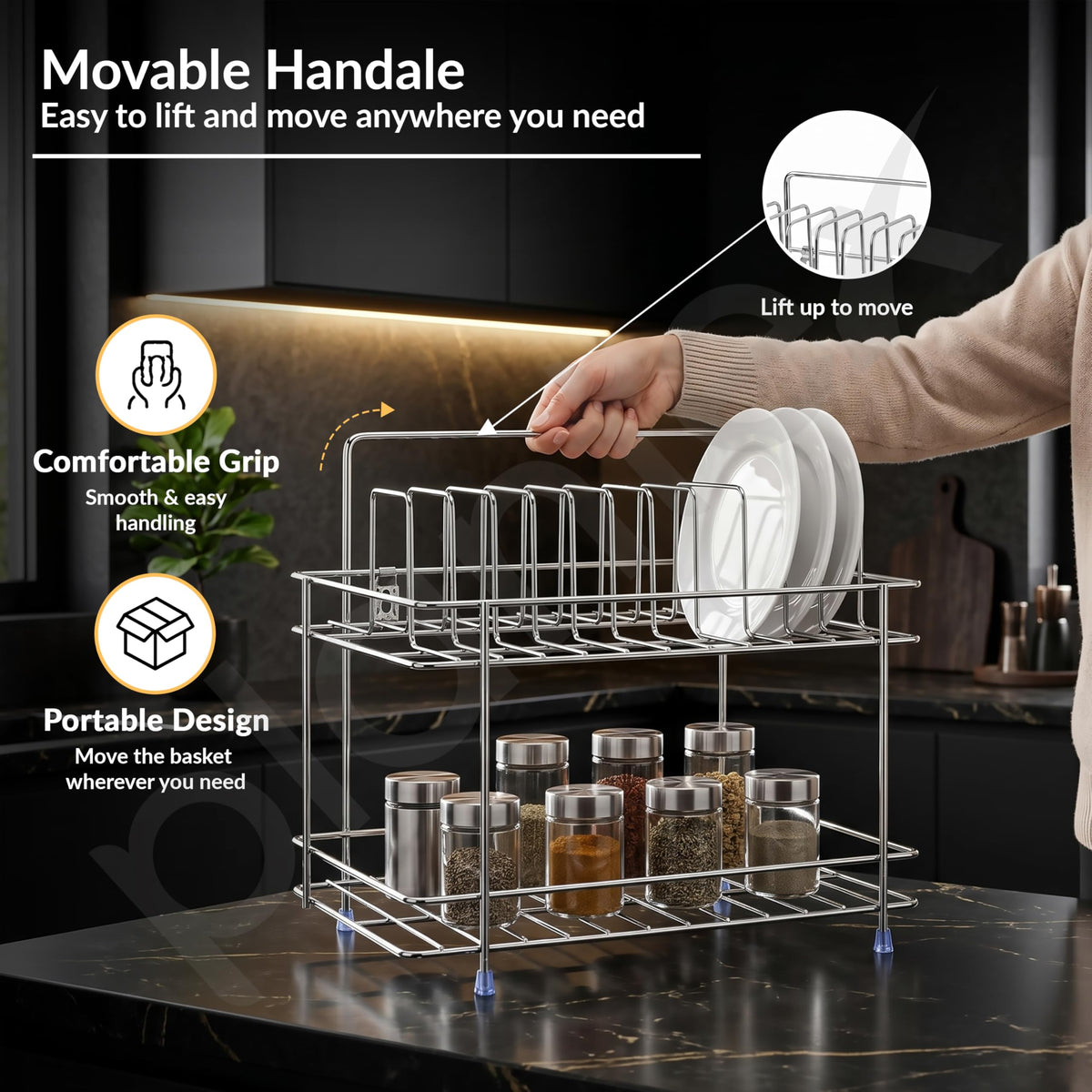 Plantex Stainless Steel Utensils Drying Rack/2-Tier Dish Rack/Plate Drying Rack for Kitchen Countertop/Bartan Stand - Chrome (13 x 8.5 x 12 Inch)-4