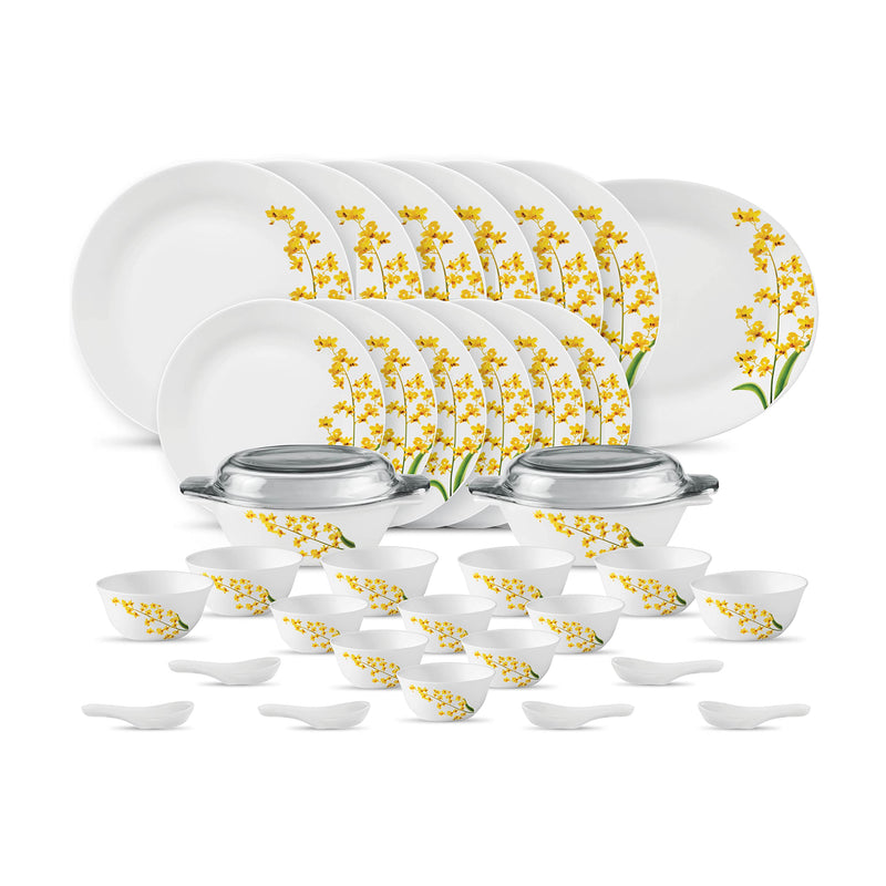 La Opala Diva, Ivory Collection, Opal Glass Dinner Set 35 pcs, Golden Fall, White