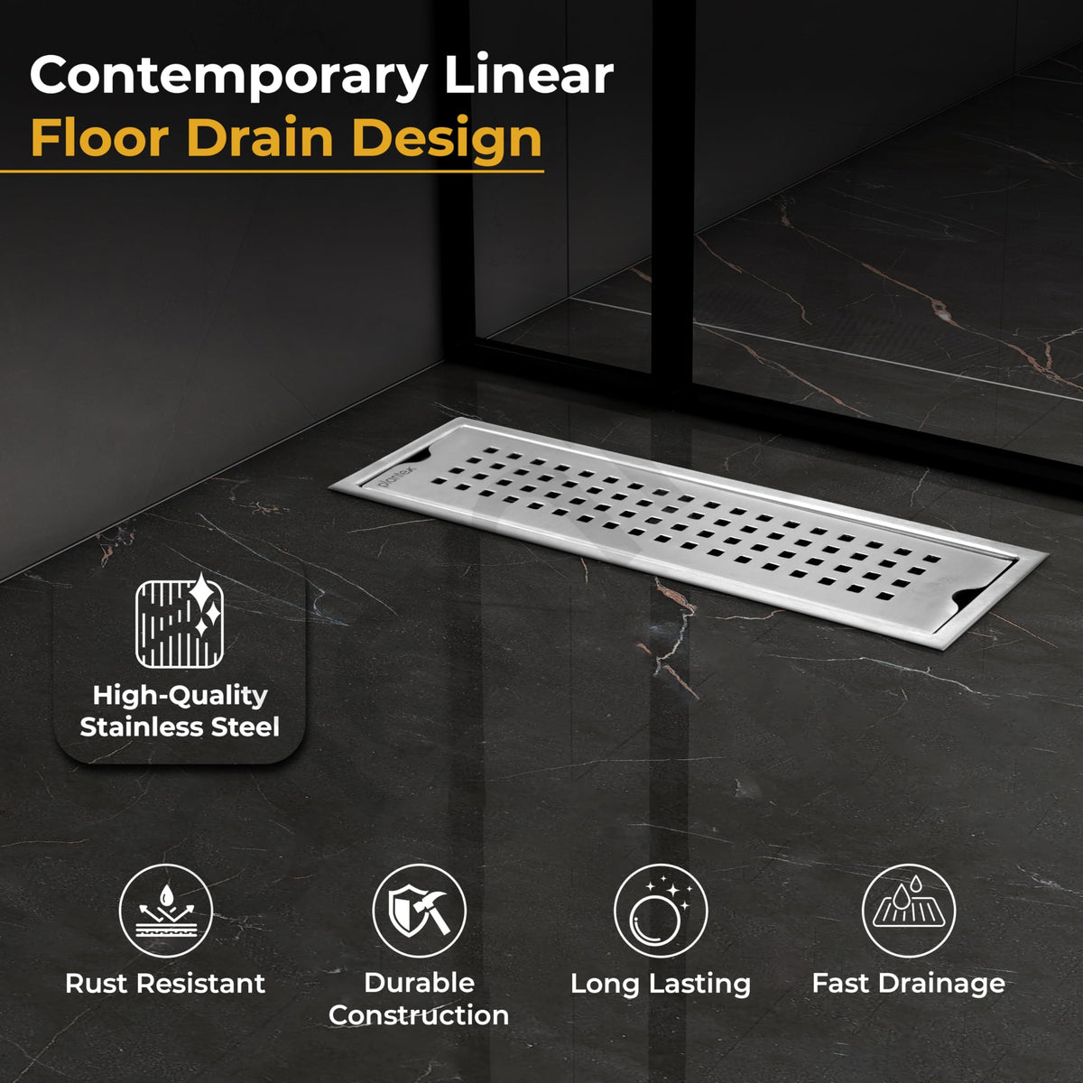 Plantex 304 Grade Stainless Steel Shower Water Drain Channel/12x4 Inch Floor Drain/Drainage Cover/Floor Drain Cover with Removable Grate - (PALO, Chrome)-2