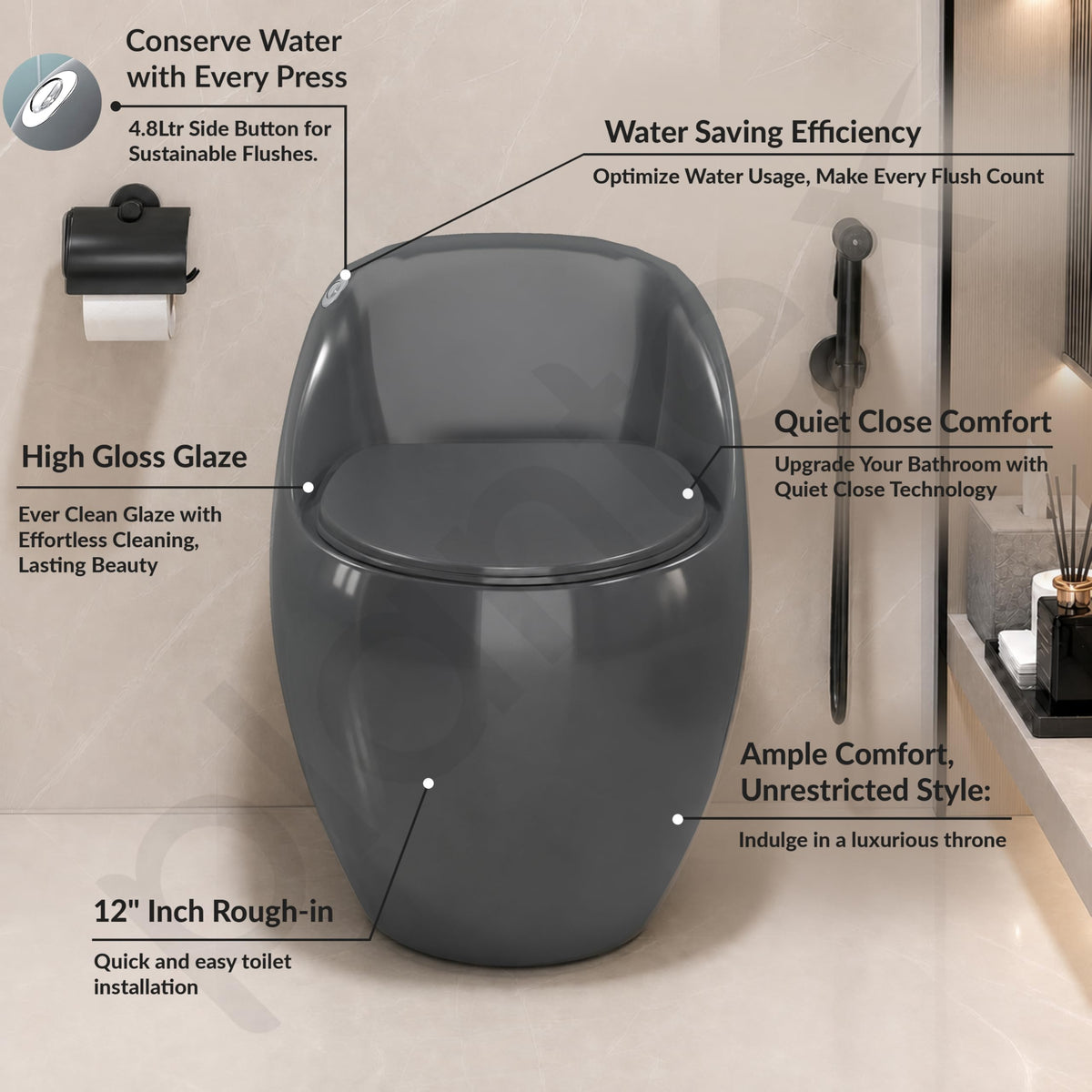 Plantex Imported Ceramic Western Toilet/Rimless Commode for Toilet/Siphonic Vacuum Jet Flush One Piece Commode With Soft Close Toilet Seat - S Trap Outlet (Glossy Grey)-2