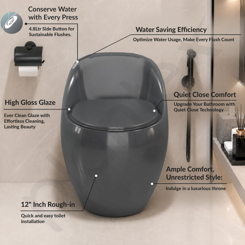 Plantex Imported Ceramic Western Toilet/Rimless Commode for Toilet/Siphonic Vacuum Jet Flush One Piece Commode With Soft Close Toilet Seat - S Trap Outlet (Glossy Grey)-2