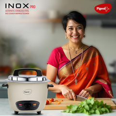 Pigeon Inox Pro Rice Cooker with Steamer, 1.8 litres | Stainless Steel Lid | 700 Watts | 1 Steel Cooking Pot | Measuring Cup | Spatula | Energy Efficient Cooking (Grey)