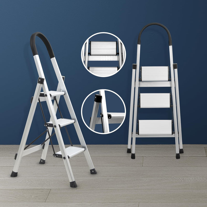 Plantex Surestep 3 Step Aluminum Ladder for Home Use/Wide Anti-Slip Steps/Foldable Ladder with Anti Skid PVC Shoes, 3 Steps Kitchen Stool (Anodize-Silver)