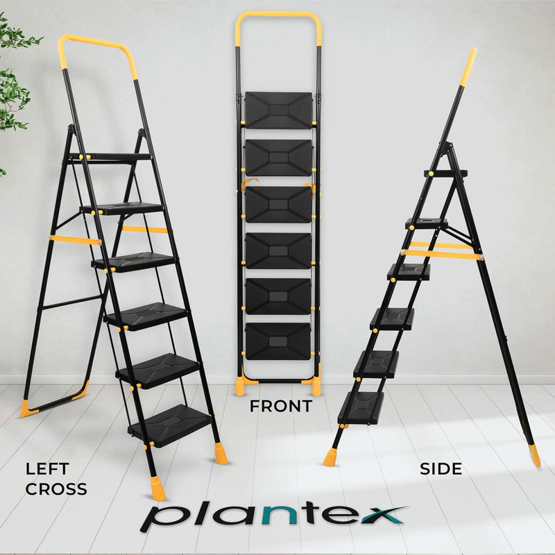 Plantex Premium Steel 6 Step Foldable Ladder for Home use/Heavy Duty Ladder for Home with Anti Slip Steps and PVC Shoes/Portable ladders with Knee Guard Protection (Yellow & Black)