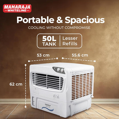 Maharaja Whiteline Arrow Deluxe Personal Air Cooler | 50 Litre Water Tank | High Delivery Rate of 2500CMH | Air Flow of 10.67 Meters | Air Cooler | 715x595x615 mm | White and Grey | 2 Yr Warranty