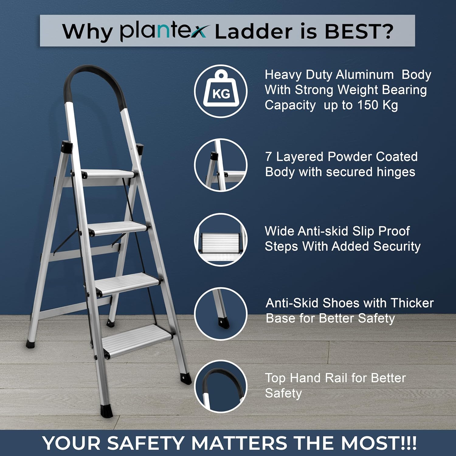 Plantex Surestep 4 Step Aluminum Ladder for Home/Non-Slip Wide-Step Foldable Ladder with Knee Guard, PVC Shoes and Cross Bars (Anodize-Silver)