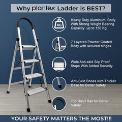 Plantex Surestep 4 Step Aluminum Ladder for Home/Non-Slip Wide-Step Foldable Ladder with Knee Guard, PVC Shoes and Cross Bars (Anodize-Silver)