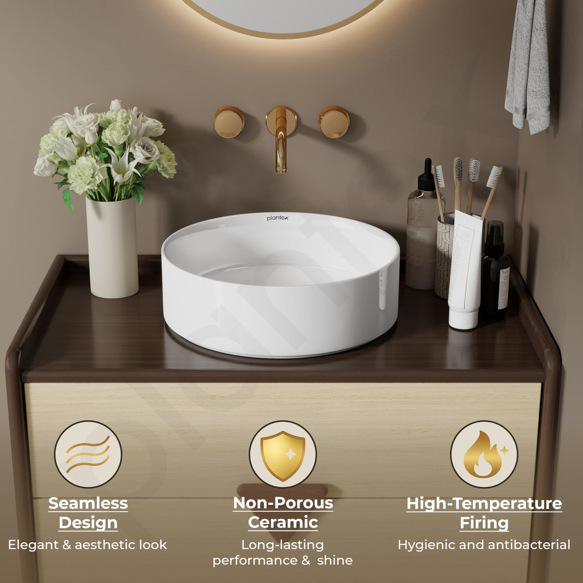 Plantex Ceramic Table Top Wash Basin For Bathroom/Table Top Washbasin with 10 Years Glaze Warranty by Plantex/Round Countertop Vessel Sink Basin For Home/Office/Hotel (14.5 X 14.5 X 5Inch-RUBY-White)-6
