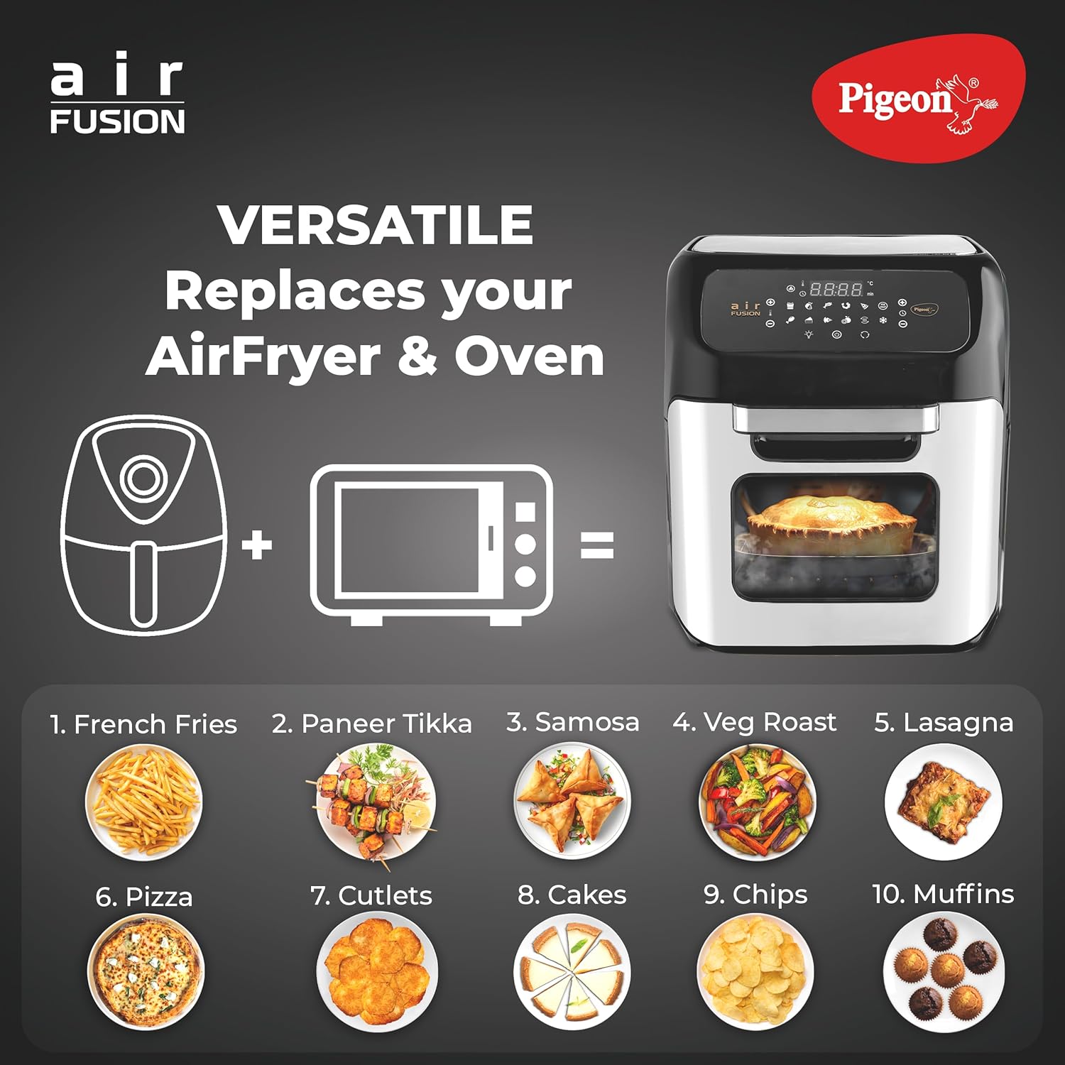 Pigeon by Stovekraft Air Fryer Oven 12L | 1800W | 2-in-1 Appliance - AirfryerOTG | Digital Touchscreen | 9 Preset Menu | Air Fry, Bake, Broil, Toast, Defrost (Black) | With Rotisserie | 7 Accessories