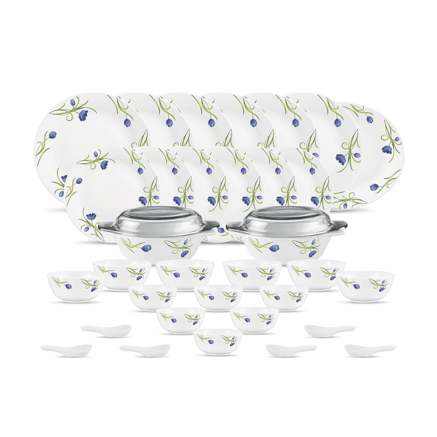 Diva by La Opala, Pearl Collection, Opal Glass Dinner Set 35 pcs, Turquoise Trims, White