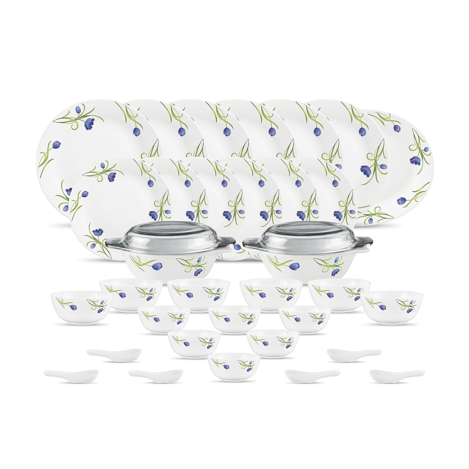 Diva by La Opala, Pearl Collection, Opal Glass Dinner Set 35 pcs, Turquoise Trims, White