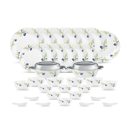 Diva by La Opala, Pearl Collection, Opal Glass Dinner Set 35 pcs, Turquoise Trims, White