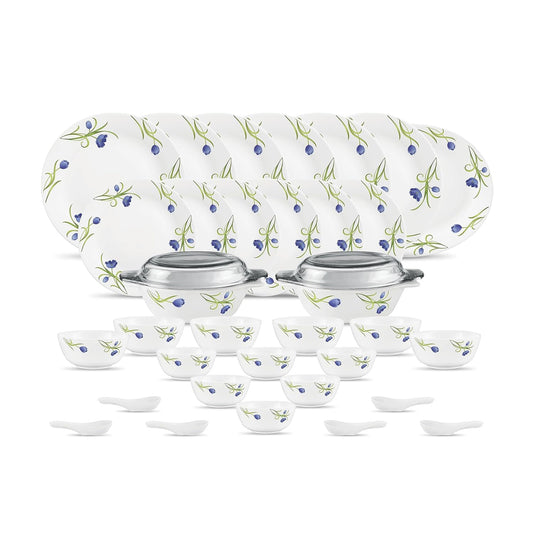 Diva by La Opala, Pearl Collection, Opal Glass Dinner Set 35 pcs, Turquoise Trims, White