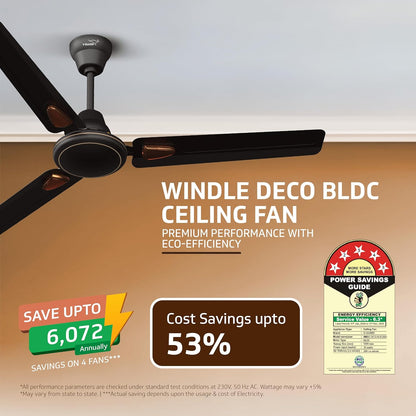 V-Guard Windle Deco BLDC Ceiling Fan for Home | BEE 5 Star Rating | Remote Control | 380 RPM | 1.2 meters | 2-Year Coverage | Matte Brown