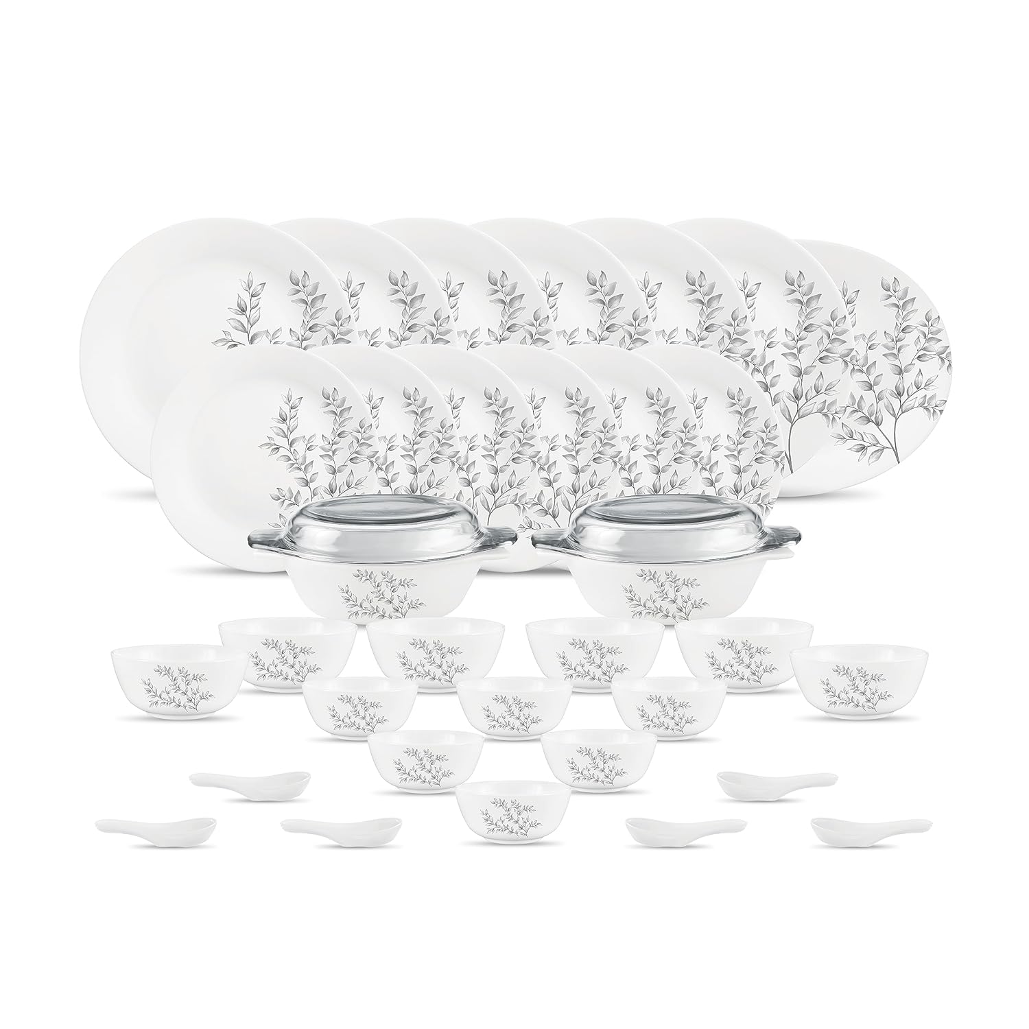 Diva by La Opala, Pearl Collection, Opal Glass Dinner Set 35 pcs, Dusky Vines, White