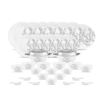 Diva by La Opala, Pearl Collection, Opal Glass Dinner Set 35 pcs, Dusky Vines, White