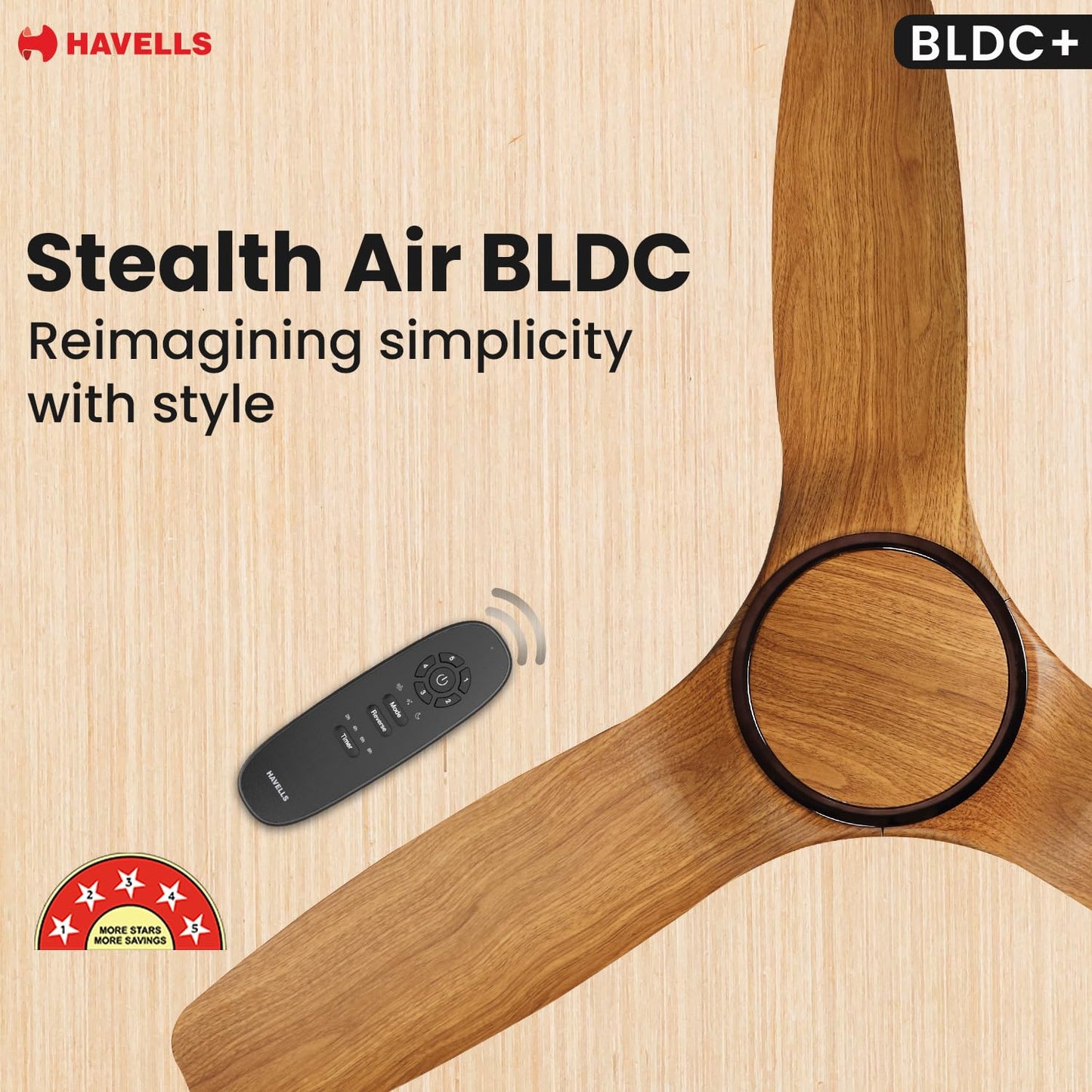 Havells Stealth Air BLDC Wood 1200mm Premium Ceiling Fan with 100% Pure Copper|5 Star Rating |Remote Controlled |Watt: 40|Air Flow: 245 cmm|Speed: 280 RPM|Free Installation|2 Year Warranty (Pinewood)
