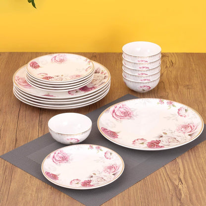 Clay Craft - Urmi Dinner Set of 18 Pieces, Rose Garden 22k Gold, for Family of 6, Dinner Set Ceramic, Crockery Set, Dining Set for Dinner, Plates and Bowls Set, Crockery Set for Gift
