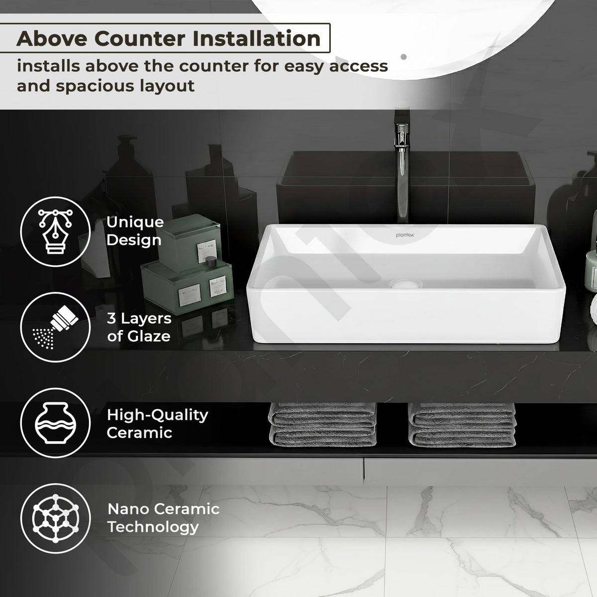 Plantex Platinum Tabletop Wash Basin for bathroom/Countertop Ceramic Washbasin/10 Years Glaze Warranty by Plantex (White, 23.5 x 13.5 x 4.5 Inch)