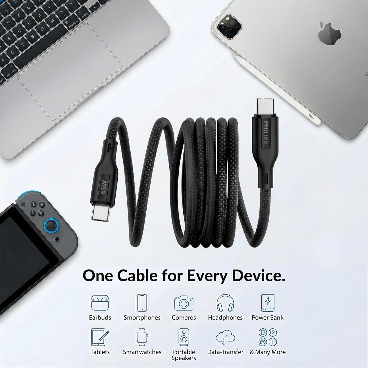 Philips DLC4160CB/94 65W Type-C to Type-C Fast Charging Cable (2m, Bright White)
