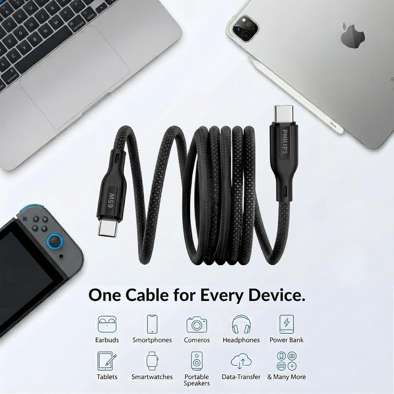 Philips DLC4160CB/94 65W Type-C to Type-C Fast Charging Cable (2m, Bright White)