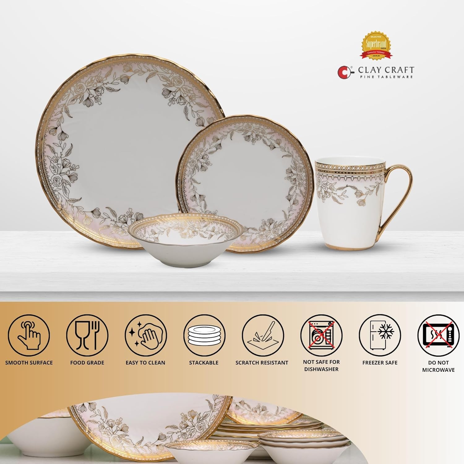 Clay Craft Fine Ceramic Ebony Dinner Set, Enchanting Gold, for Family of 4, Dinner Set Ceramic, Crockery Set, Dining Set for Dinner, Crockery Set for Gift, Kitchen Set (16 Pieces, E626)