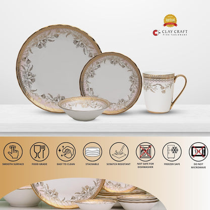 Clay Craft Fine Ceramic Ebony Dinner Set, Enchanting Gold, for Family of 4, Dinner Set Ceramic, Crockery Set, Dining Set for Dinner, Crockery Set for Gift, Kitchen Set (16 Pieces, E626)