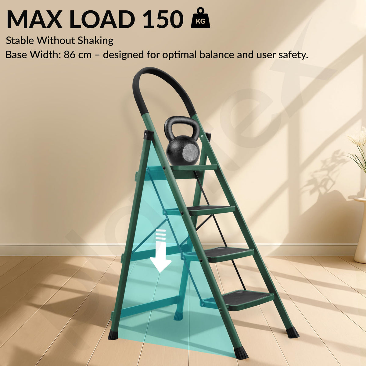 Plantex Hercules Pro 4-Step Foldable Ladder for Home with 150 kg Load Capacity/Heavy-Duty Steel Ladder/Anti-Slip Wide Step/Strong, Stable & Multi-Purpose (Green)-6