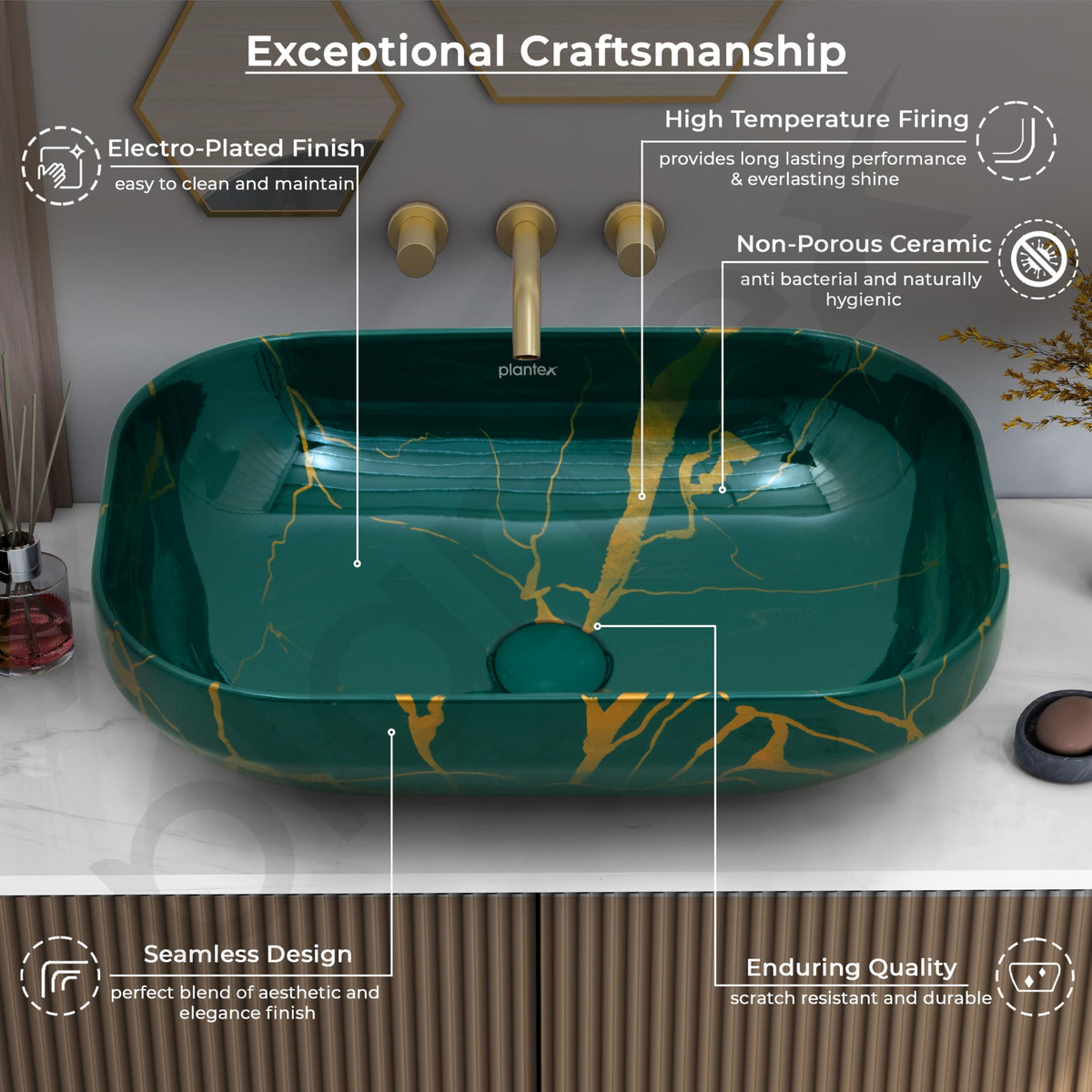 Plantex Tabletop Wash Basin for Bathroom/Designer Countertop Bathroom Sink/Ceramic Rectangle Vessel Sink Basin for Home/Office (18x13x5.5 Inch - Green)-4
