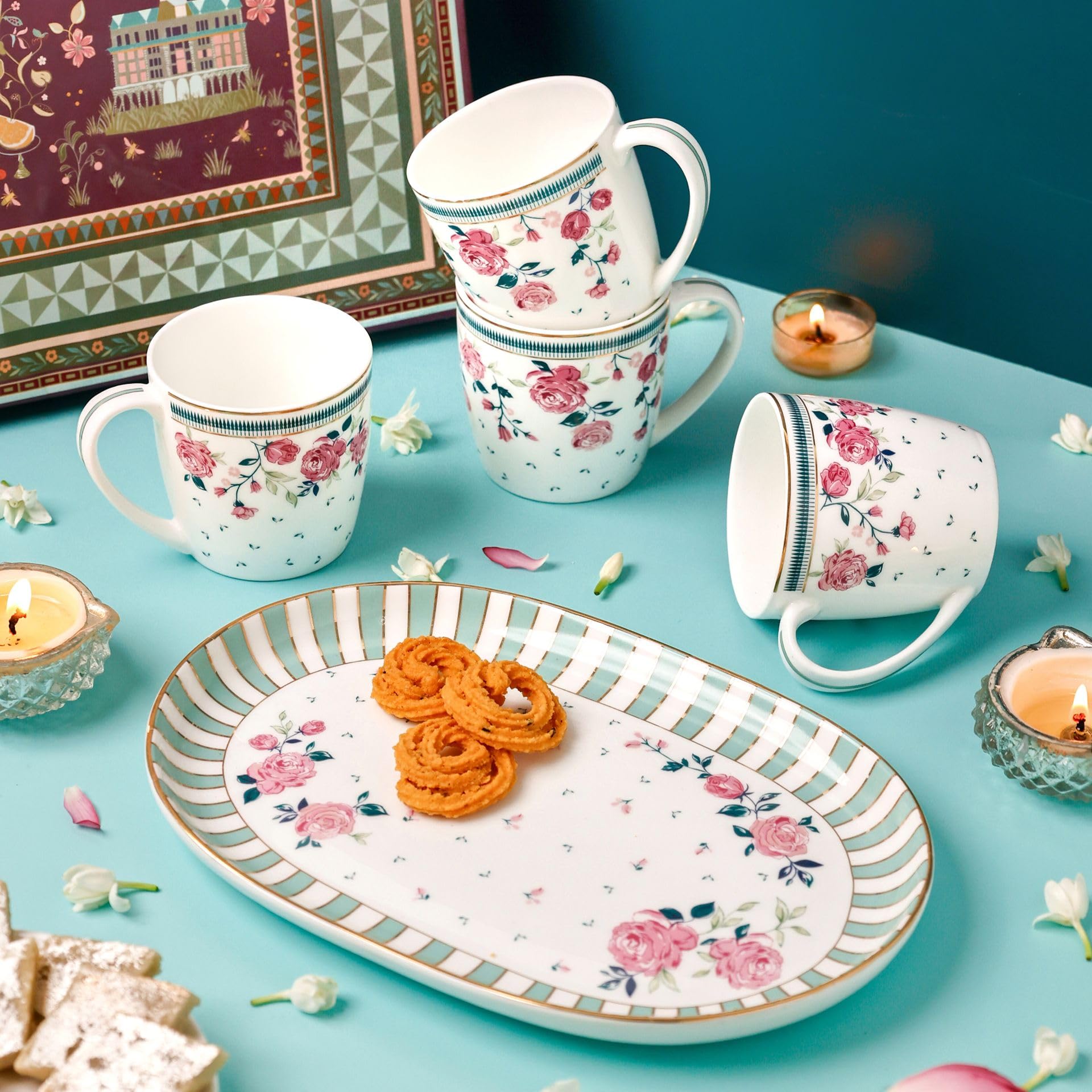 Magique by The Wishing Chair x ClayCraft : Portrait of a Rose - Glow Giftbox | Set of 2 Bowls & Platter | Dishwasher Safe | Festive Gifting | GiftBox Packaging