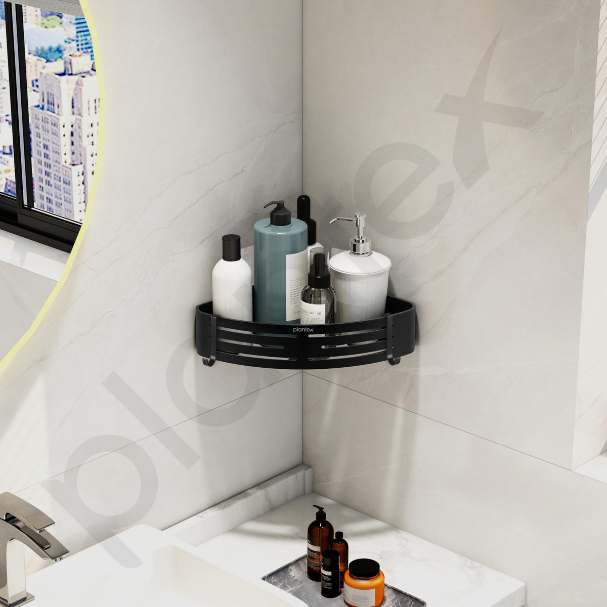 Plantex No Drill Bathroom Corner Shelves/Aluminium Self Adhesive Corner Shelf for Bathroom Wall/Bathroom Shelf Corner with Removable Hooks & Magic Stickers (9x9 inches, Matt Black) - Pack of 2-2
