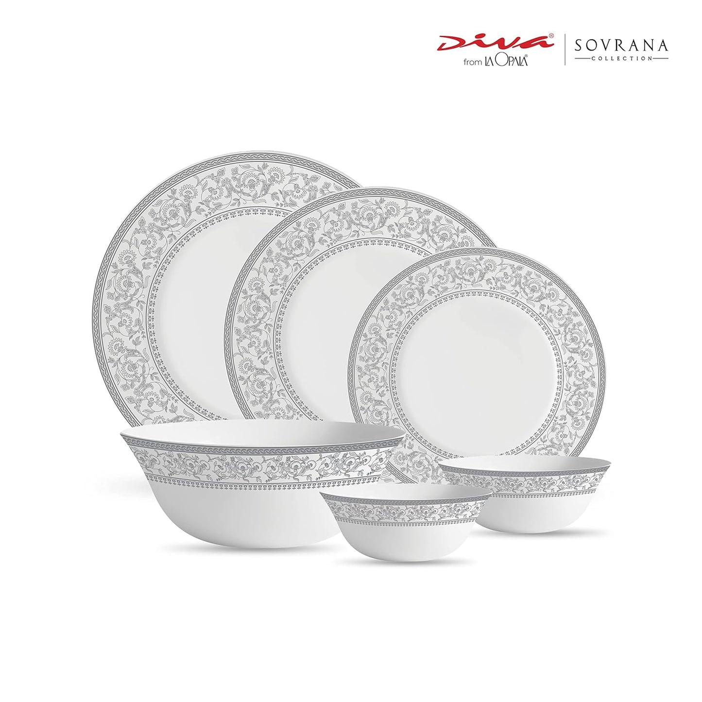 La Opala Diva Sovrana Collection Opal Glass Crockery | for Family of 6 | Dinner Set 27 pcs Persian Silver | Plates & Bowls for Dining | Microwave Safe | 100% Vegetarian | Extra Strong | Light & White