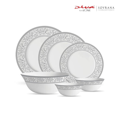 La Opala Diva Sovrana Collection Opal Glass Crockery | for Family of 6 | Dinner Set 27 pcs Persian Silver | Plates & Bowls for Dining | Microwave Safe | 100% Vegetarian | Extra Strong | Light & White
