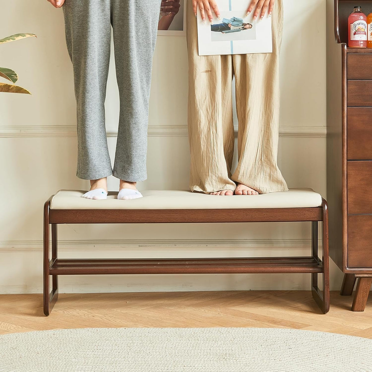 Mid-Century Elegant Wooden Shoe Bench with Padded Seat – 2-Tier Shoe Rack for Entryway, Living Room, or Bedroom