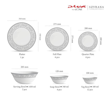 La Opala Diva Sovrana Collection Opal Glass Crockery | for Family of 6 | Dinner Set 33 pcs Persian Silver | Plates & Bowls for Dining | Microwave Safe | 100% Vegetarian | Extra Strong | Light & White