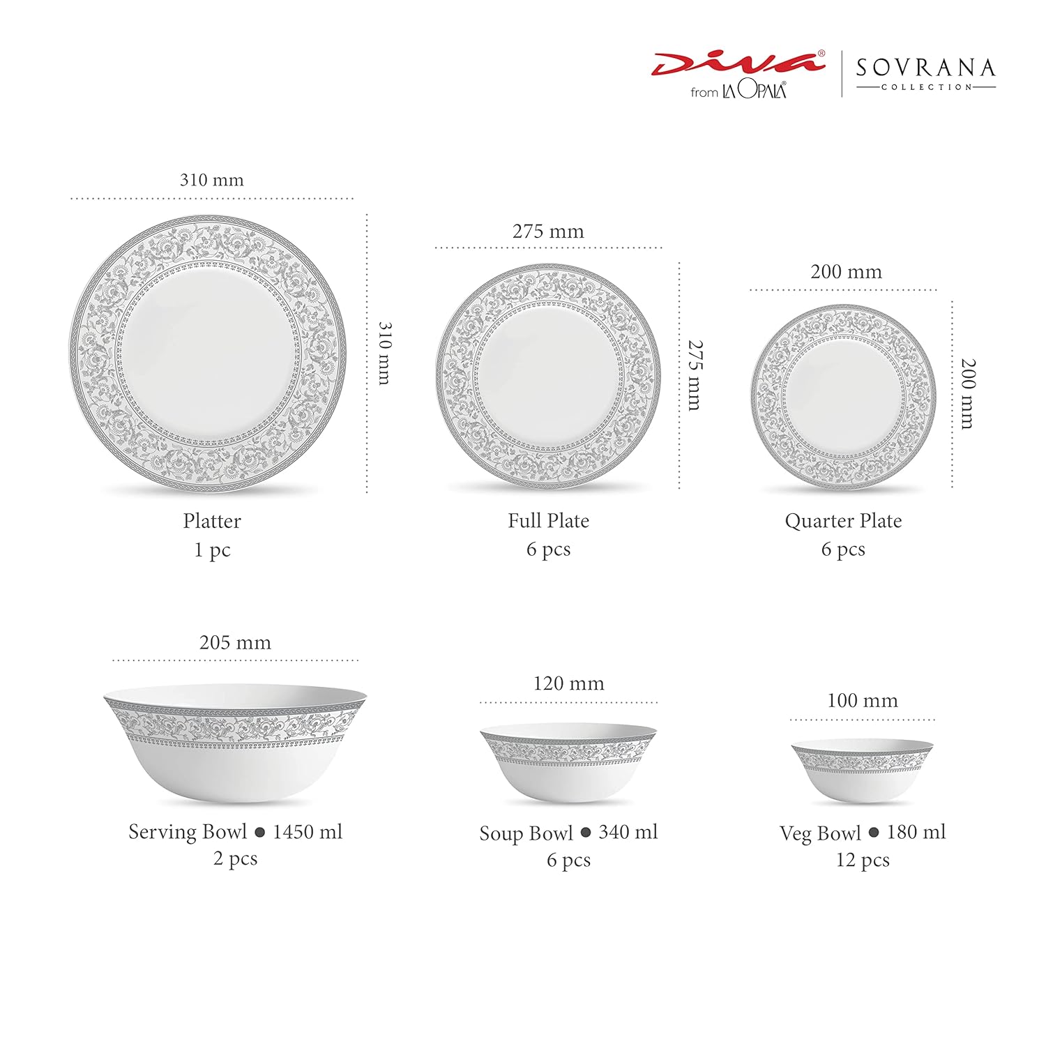 La Opala Diva Sovrana Collection Opal Glass Crockery | for Family of 6 | Dinner Set 33 pcs Persian Silver | Plates & Bowls for Dining | Microwave Safe | 100% Vegetarian | Extra Strong | Light & White