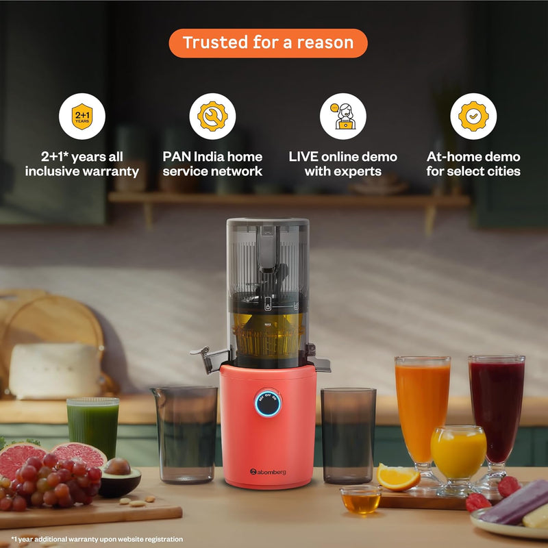 Atomberg Althea Cold Press Juicer For Home | High Nutrition | 40RPM | Easy To Use & Clean | Auto Reverse | XL Hopper | Safety Features | Ideal for Fruit, Veggie Juices, Coconut Milk | Sunset Orange