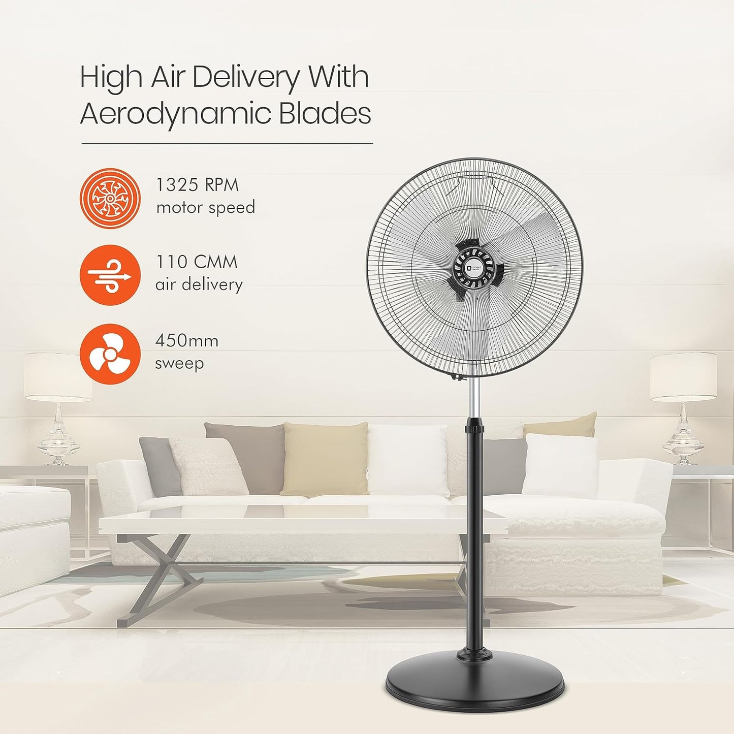 Orient Electric 450mm Tornado Pedestal Fan for home | Powerful Motor, High Air Delivery |3-Speed Control, High Speed Stand Fan | Metal Body, Telescopic Arrangement| 2 Years Warranty by Orient | Black