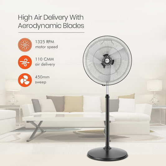 Orient Electric 450mm Tornado Pedestal Fan for home | Powerful Motor, High Air Delivery |3-Speed Control, High Speed Stand Fan | Metal Body, Telescopic Arrangement| 2 Years Warranty by Orient | Black