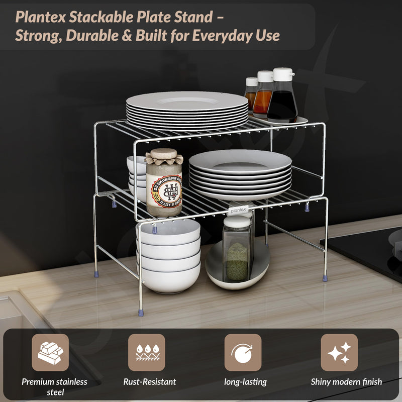 Plantex Stainless Steel Spice Rack/Cabinet Organizer Shelf/Stackable/Expandable Kitchen Shelf Organiser/2 Tier Bathroom Organizer - Chrome-2