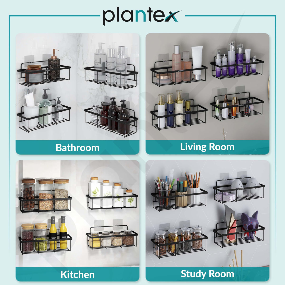Plantex No Drill Bathroom Organiser/GI Steel Self Adhesive Shelf/Kitchen Shelf with Magic Sticker/Bathroom Accessories Set - Black, Powder Coated (Pack of 4)-6